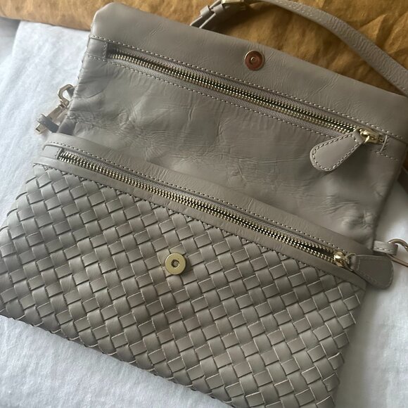 Quince Italian Leather Handwoven Foldover Clutch – Taupe – Convertible Crossbody - Picture 6 of 10